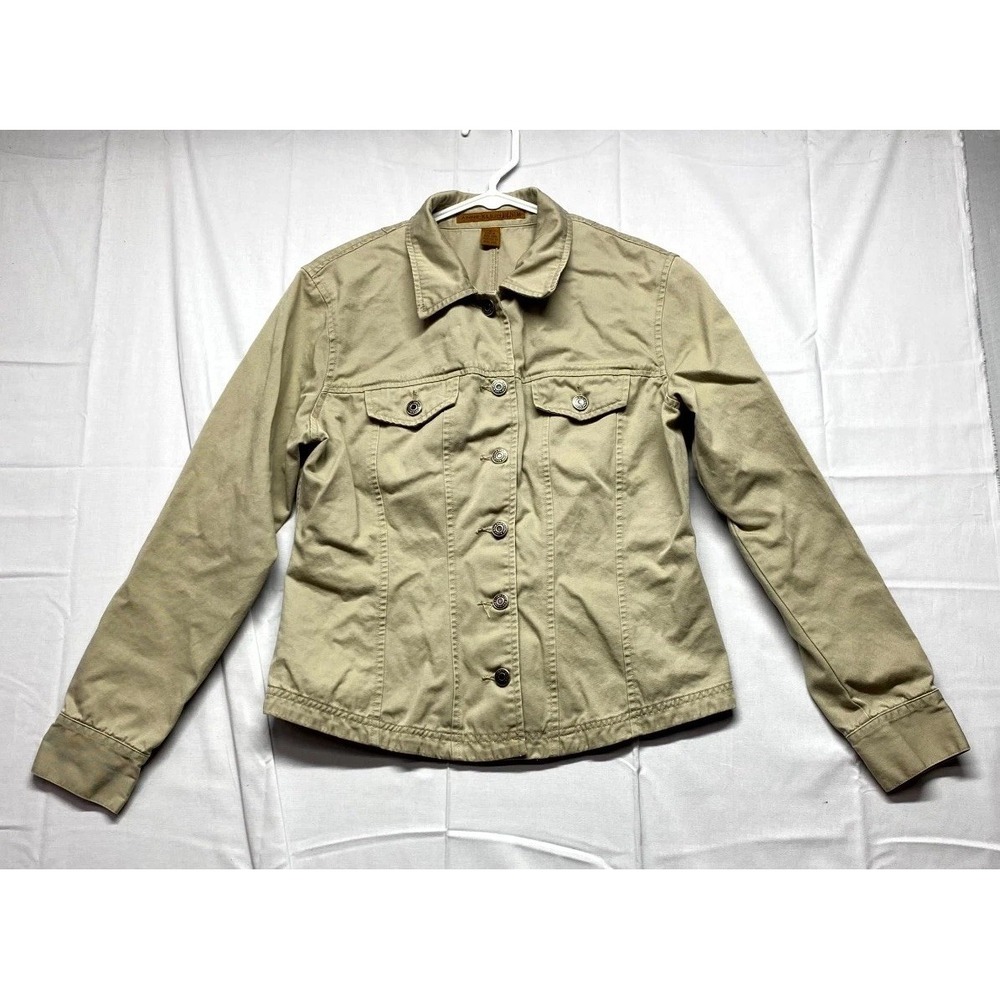 Anne Klein Trucker Jacket Women 6 Beige Cotton Collared Flap Pocket Button Front
